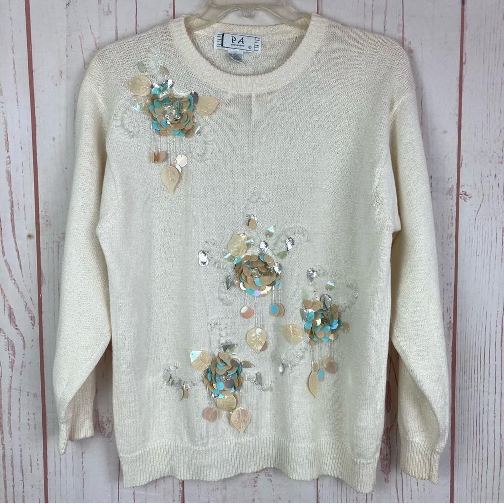 Vintage P.A. International L Large Sequin  Beaded Shimmer Sweater Artsy Flawed